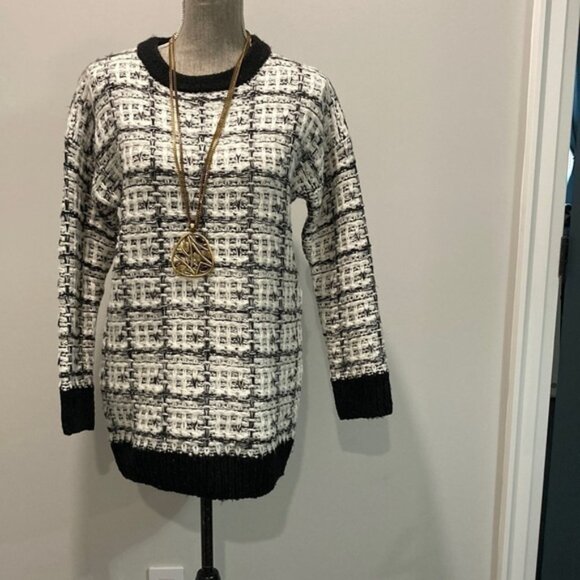 WOOL Knit White Black Tweed Crew Neck Sweater - Picture 5 of 12